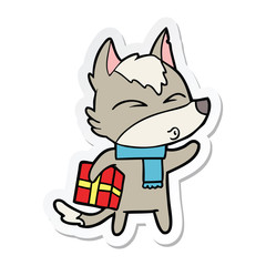 sticker of a cartoon christmas wolf whistling