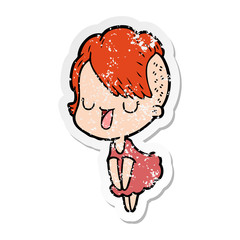 distressed sticker of a cute cartoon girl with hipster haircut