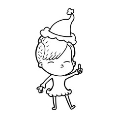 line drawing of a squinting girl wearing santa hat