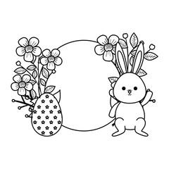 cute rabbit with easter egg painted and circular floral frame