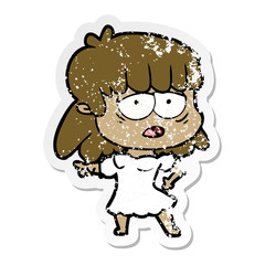 distressed sticker of a cartoon tired woman
