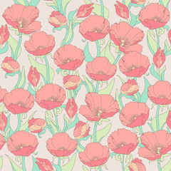 Vector_seamless floral pattern of pink and coral poppies