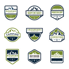 Set of mountain, outdoor, adventure, and expedition logo badges. Vector Illustration