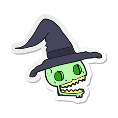 sticker of a cartoon skull wearing witch hat