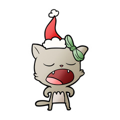 gradient cartoon of a cat meowing wearing santa hat