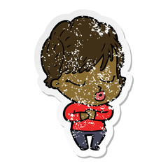 distressed sticker of a cartoon woman with eyes shut