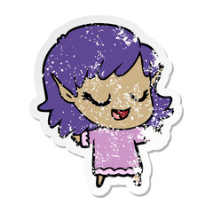 distressed sticker of a happy cartoon elf girl