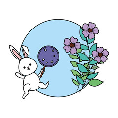 cute rabbit with flowers and circular frame