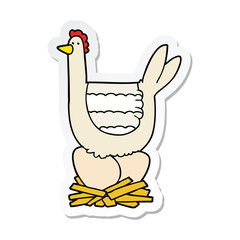 sticker of a cartoon chicken sitting on eggs in nest