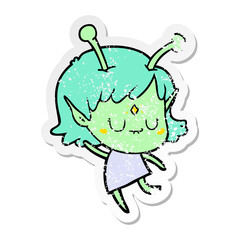 distressed sticker of a cartoon alien girl