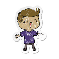 distressed sticker of a cartoon laughing boy