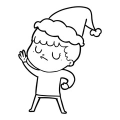 line drawing of a grumpy boy wearing santa hat