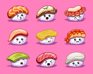 Hand drawn various cartoon sushi with cute emotions on pink background. In kawaii style. Tasty japanese food. Icons with tuna, salmon, eel, avocado, omelette, octopus, shrimp