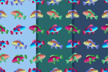 Set of three seamless patterns with fish swimming in the sea. Colorful illustration.