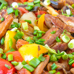 Stew with pork, eggplants, tomatoes and multicolored peppers close-up