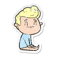 distressed sticker of a happy cartoon man sitting on floor