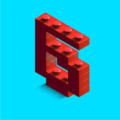Red number 6 from constructor bricks on blue background. 3d number 6. 3d number. 