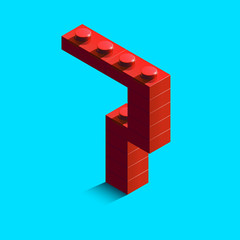 Red number 7 from constructor bricks on blue background. 3d number 7. 3d number. 