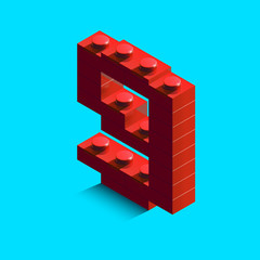 Red number 9 from constructor bricks on blue background. 3d number 9. 3d number. 