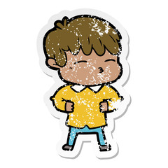 distressed sticker of a cartoon curious boy