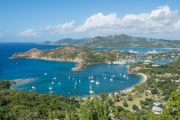 Landscape view of English harbour in the Caribbean Island of Antigua. Image taken from Shirley Heights