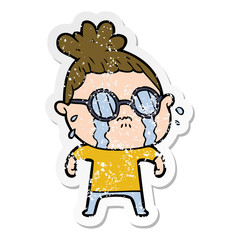 distressed sticker of a cartoon crying woman wearing spectacles
