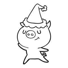 happy line drawing of a pig wearing santa hat