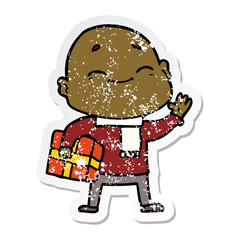 distressed sticker of a happy cartoon bald man