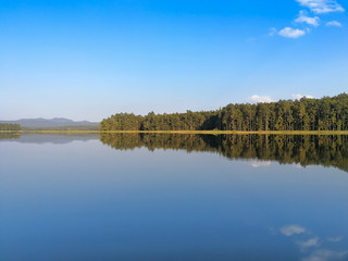 Lake views reflect forest and bright sky