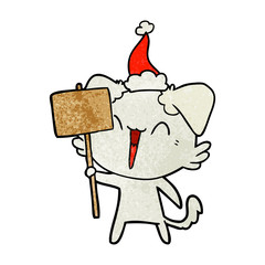 happy little textured cartoon of a dog holding sign wearing santa hat