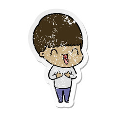 distressed sticker of a happy cartoon boy