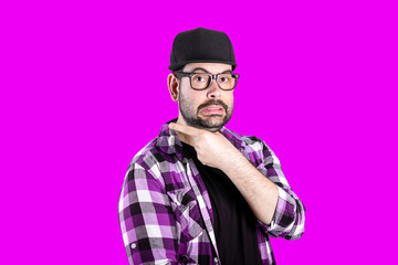 Handsome man pointing to the front