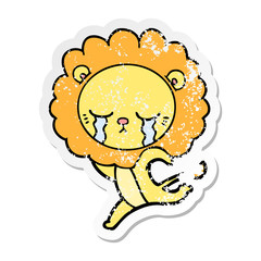distressed sticker of a crying cartoon lion