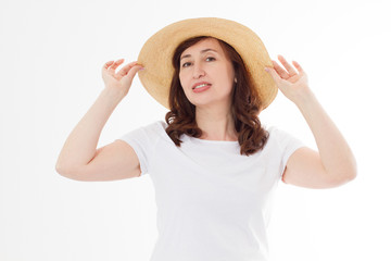 Summer beach holiday, vacation concept. Woman in hat and template blank t shirt isolated on white background. Copy space on tshirt and place for print. Sun skin care, wrinkles protection. Anti aging