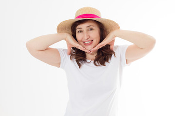 Summer beach holiday, vacation concept. Woman in hat and template blank t shirt isolated on white background. Copy space on tshirt and place for print. Sun skin care, wrinkles protection. Anti aging