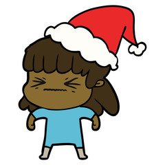 line drawing of a woman wearing santa hat