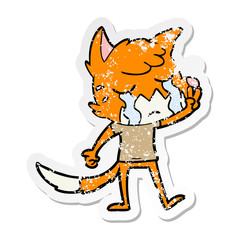 distressed sticker of a crying waving fox cartoon