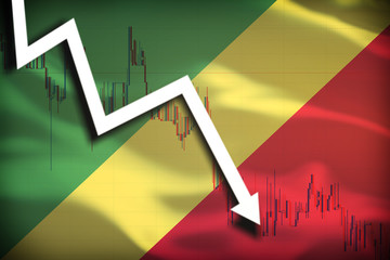 White arrow and stocks chart fall down on the background of the waving flag of Republic of The...
