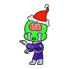textured cartoon of a big brain alien crying and pointing wearing santa hat