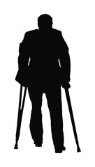 Old invalid man walking with sticks vector silhouette isolated on white background. Injured person with crutches illustration. Disabled man on crutches. Recovery senior rehabilitation after accident