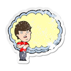 retro distressed sticker of a cartoon man with text space cloud