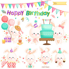 A Vector Set of Cute Little Bunny Celebrating Birthday with lots of Gifts and Cakes