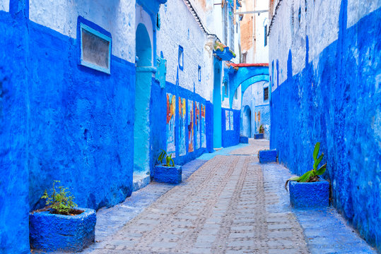 Amazing view of the street in the blue city of Chefchaouen, Morocco, small town in northwest Morocco known for its blue buildings. 