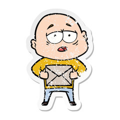 distressed sticker of a cartoon tired bald man