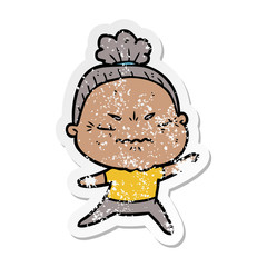 distressed sticker of a cartoon annoyed old lady