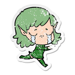 distressed sticker of a cartoon crying elf girl