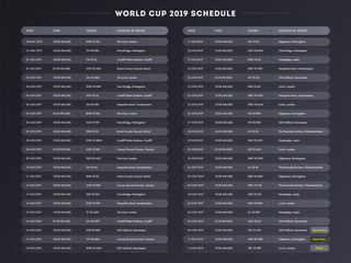 Vector illustration of world cup match schedule list with time, competitive teams and venue details.