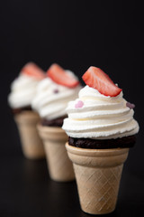 cupcakes with crispy cornet and strawberries