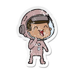 distressed sticker of a happy cartoon astronaut