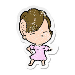 distressed sticker of a cartoon squinting girl pointing